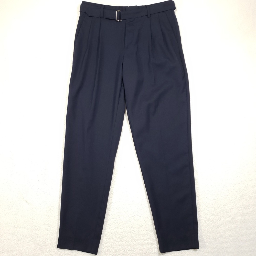 Reiss Trousers Mens 30 Navy Blue Granite Wool Blend Pleated Pants Belted 30" Ins